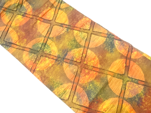 リサイクル　ふくれ織斜め格子に丸文模様織出し名古屋帯